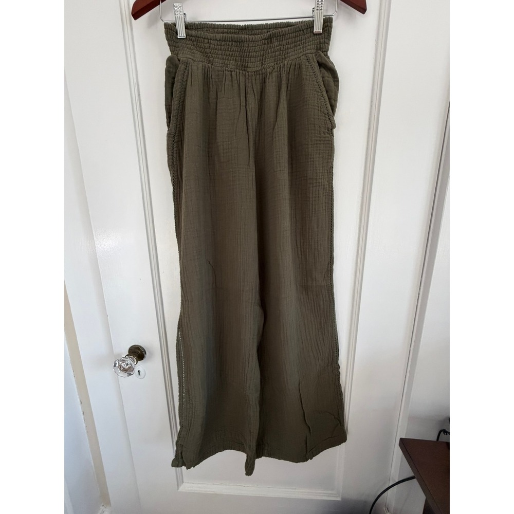 Aerie Gauze Pants Women Small Olive Green Wide Leg High Rise Smocked Boho